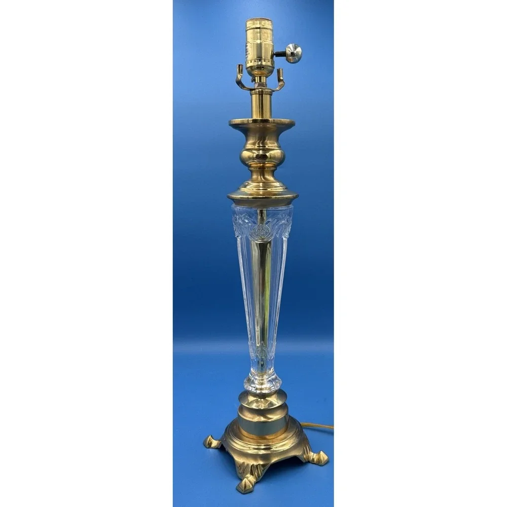 VTG Brass & Pressed Glass Table Lamp Hollywood Regency Footed Base No Shade